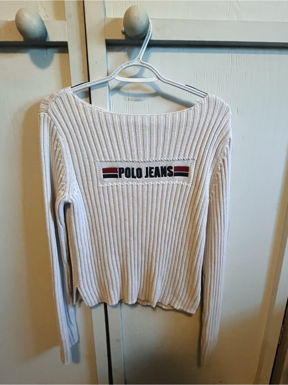 Polo by Ralph Lauren Cream Ribbed Sweater with Red & Navy Logo